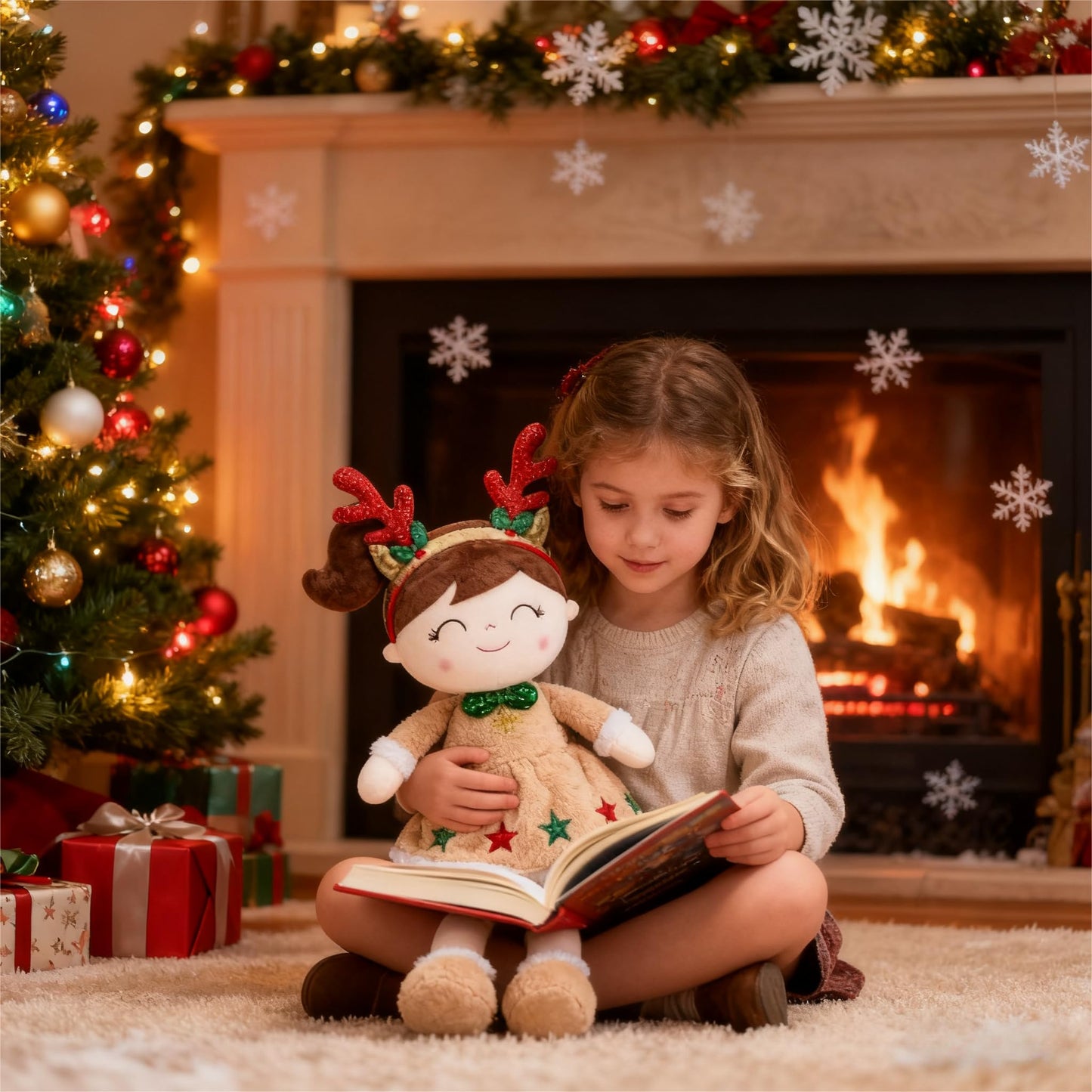 Gloveleya Christmas Reindeer Girl Plush Doll – 16-Inch Soft Plush Toy with Gift Box & Card