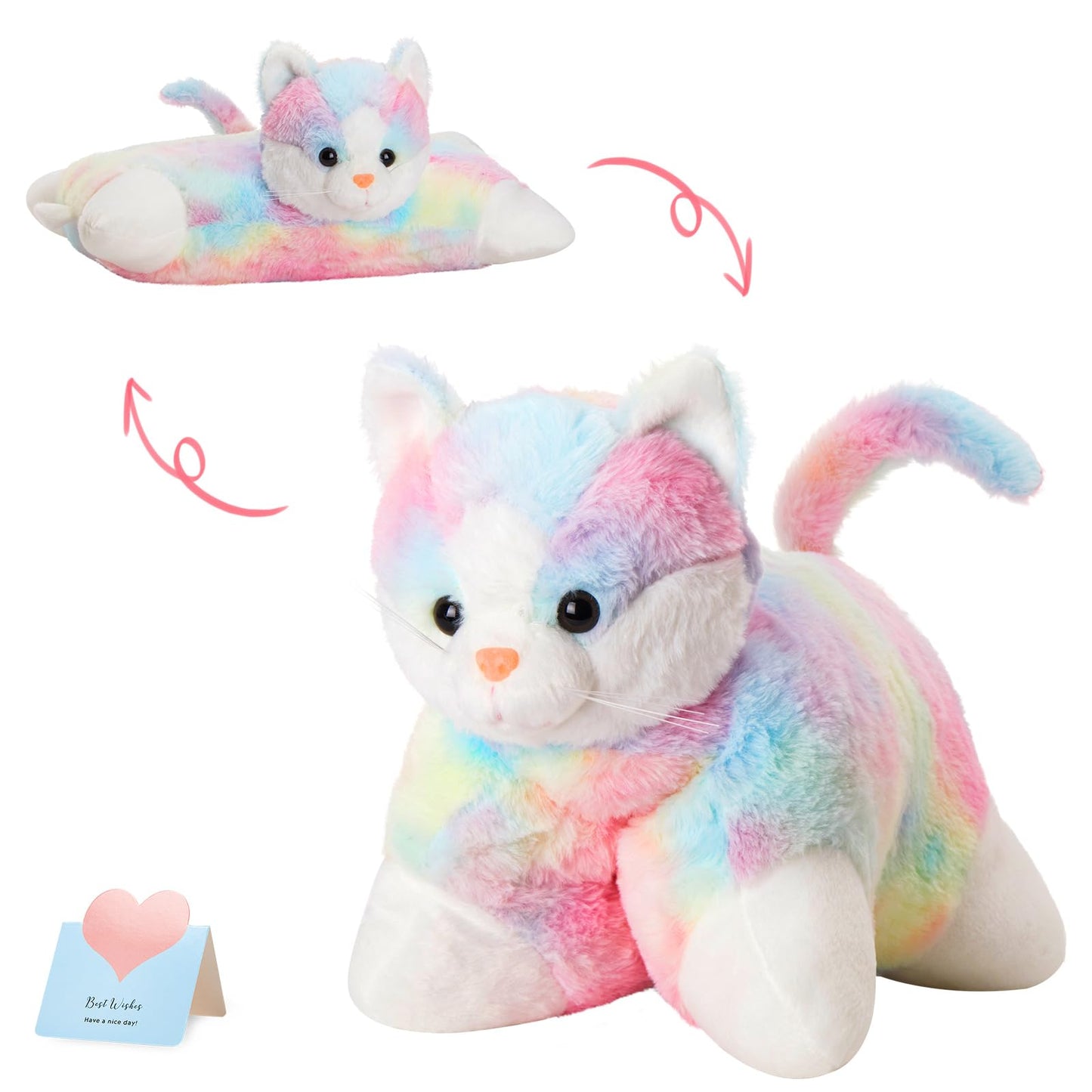 Glow Guards 16-Inch Rainbow Cat Plush Pillow – Soft Kitty Toy & Cozy Decor