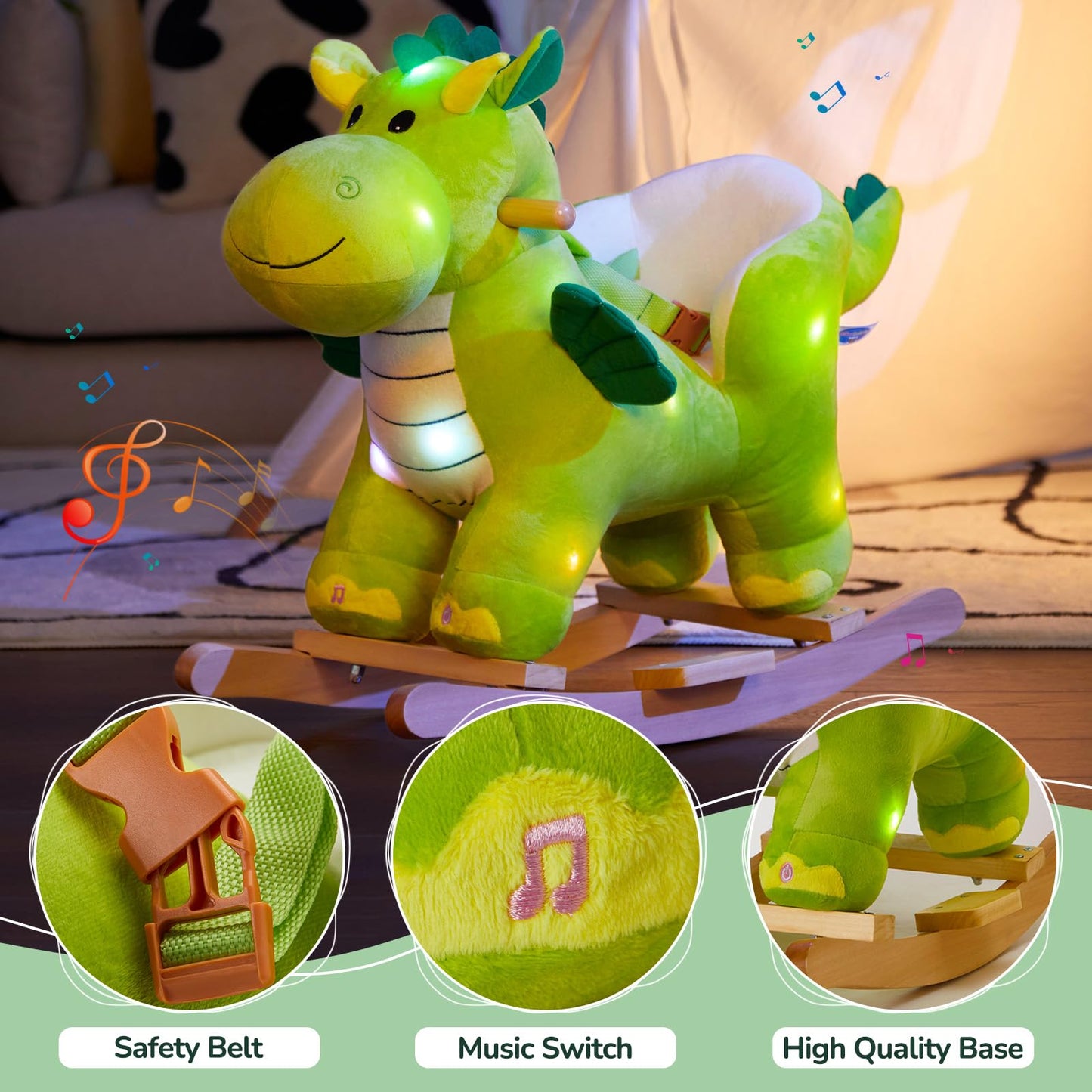 Glow Guards Light Up Musical Dinosaur Rocking Horse Set of 2 – Safety Belt
