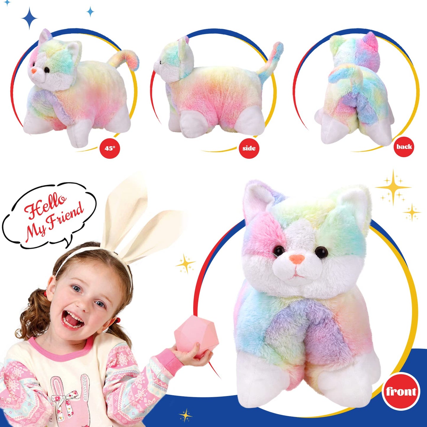 Glow Guards 16-Inch Rainbow Cat Plush Pillow – Soft Kitty Toy & Cozy Decor