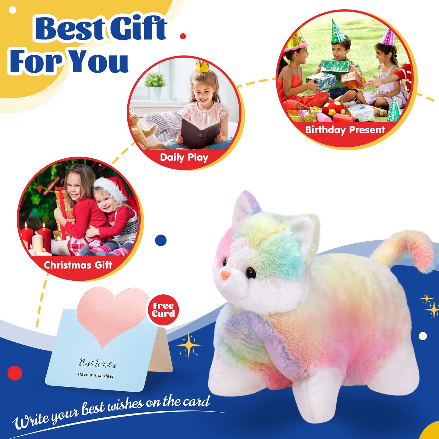 Glow Guards 16-Inch Rainbow Cat Plush Pillow – Soft Kitty Toy & Cozy Decor