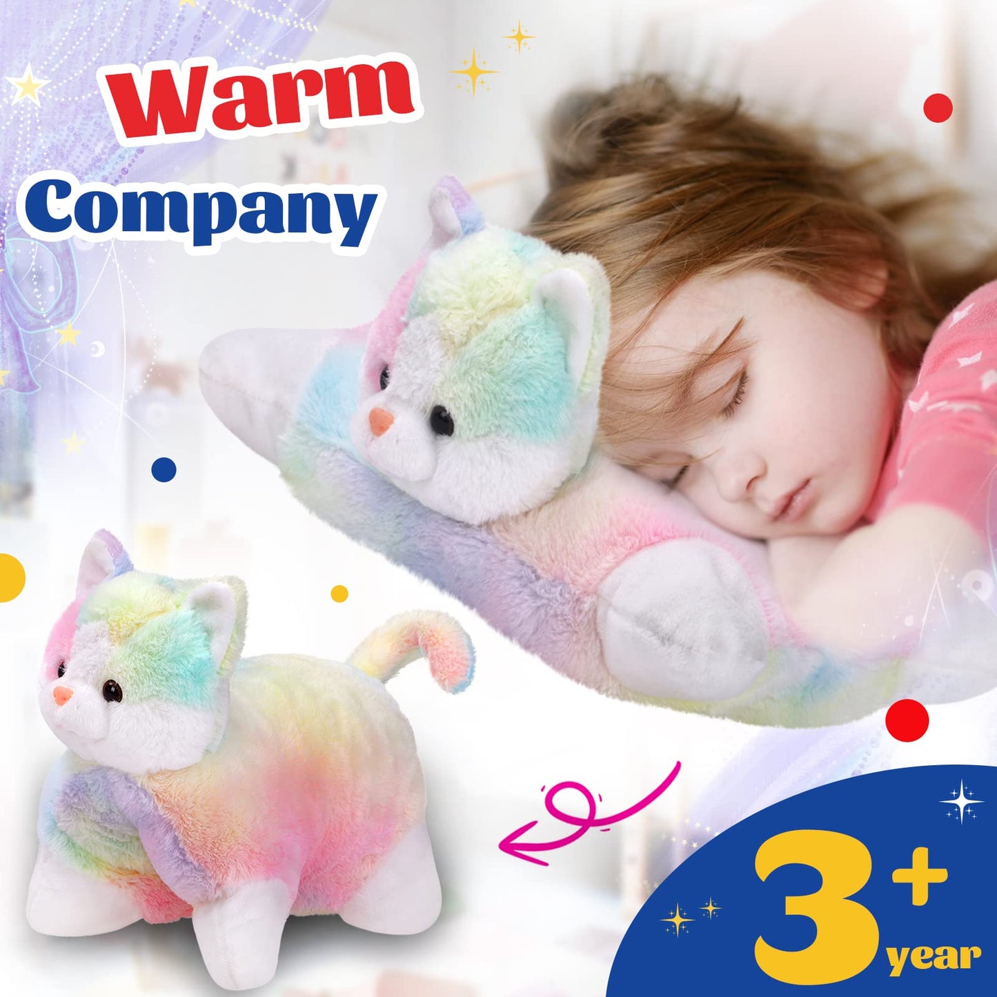 Glow Guards 16-Inch Rainbow Cat Plush Pillow – Soft Kitty Toy & Cozy Decor