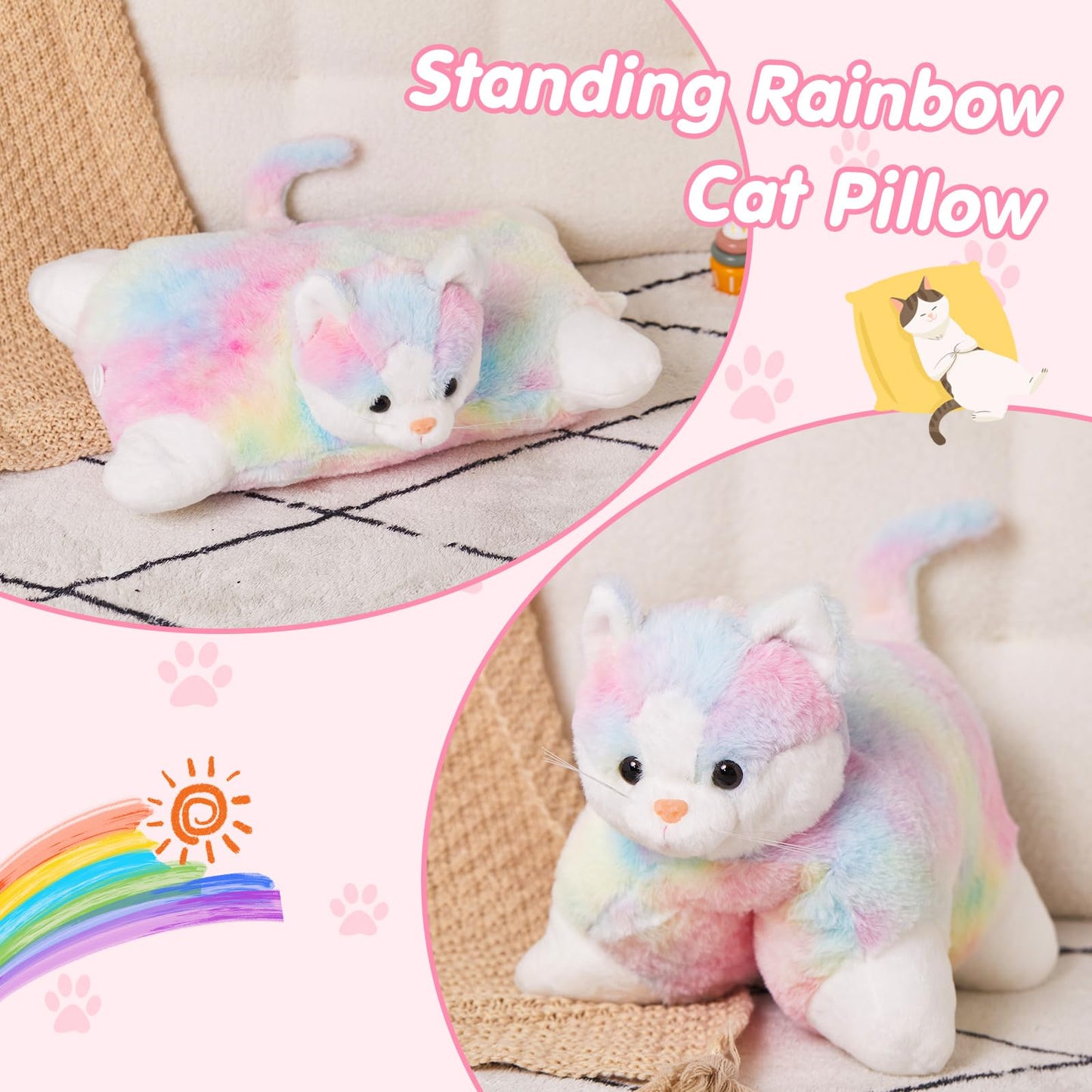 Glow Guards 16-Inch Rainbow Cat Plush Pillow – Soft Kitty Toy & Cozy Decor