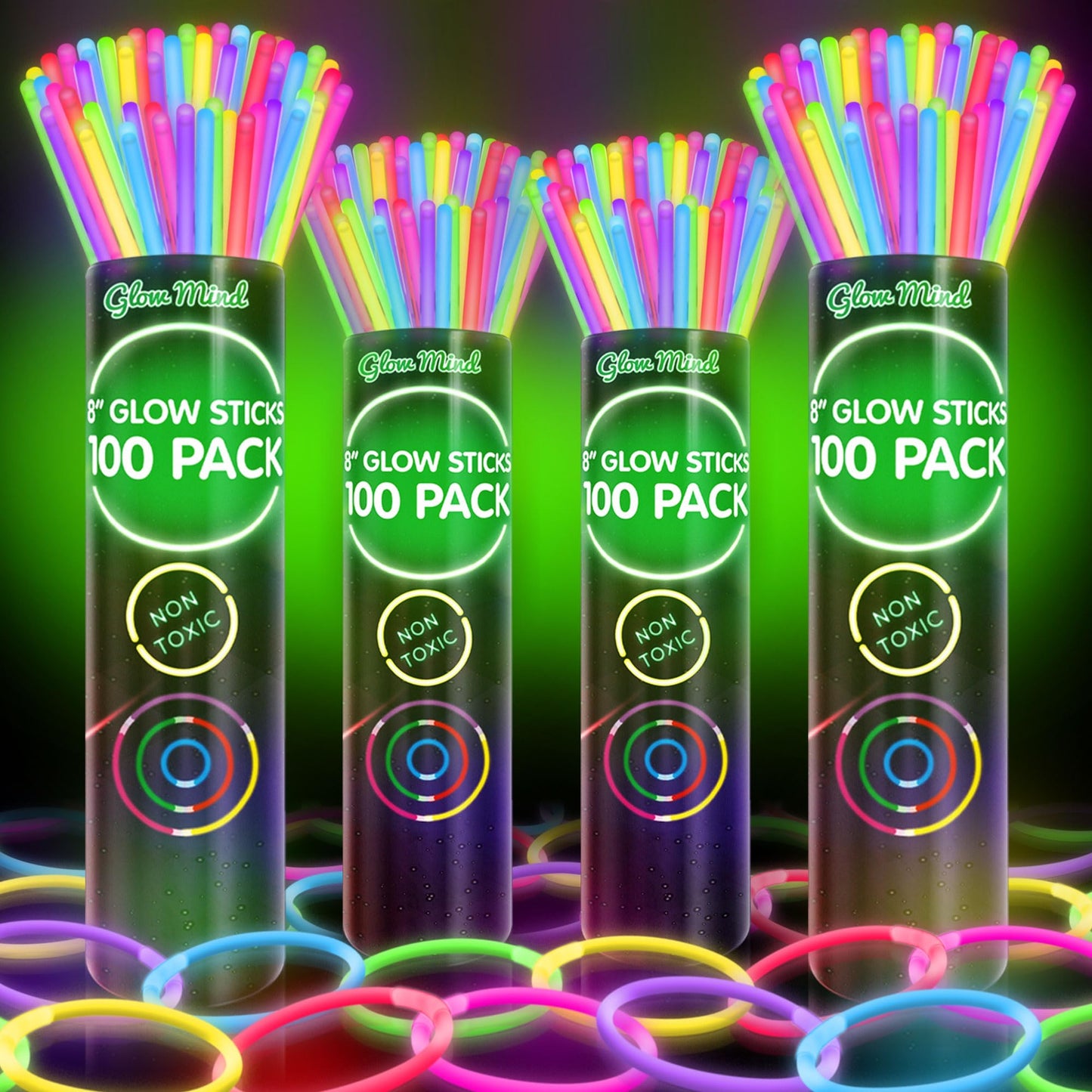 Glow Mind 400 Ultra-Bright Glow Sticks Bulk – 8-Inch Glow Party Supplies with Bracelets and Necklaces