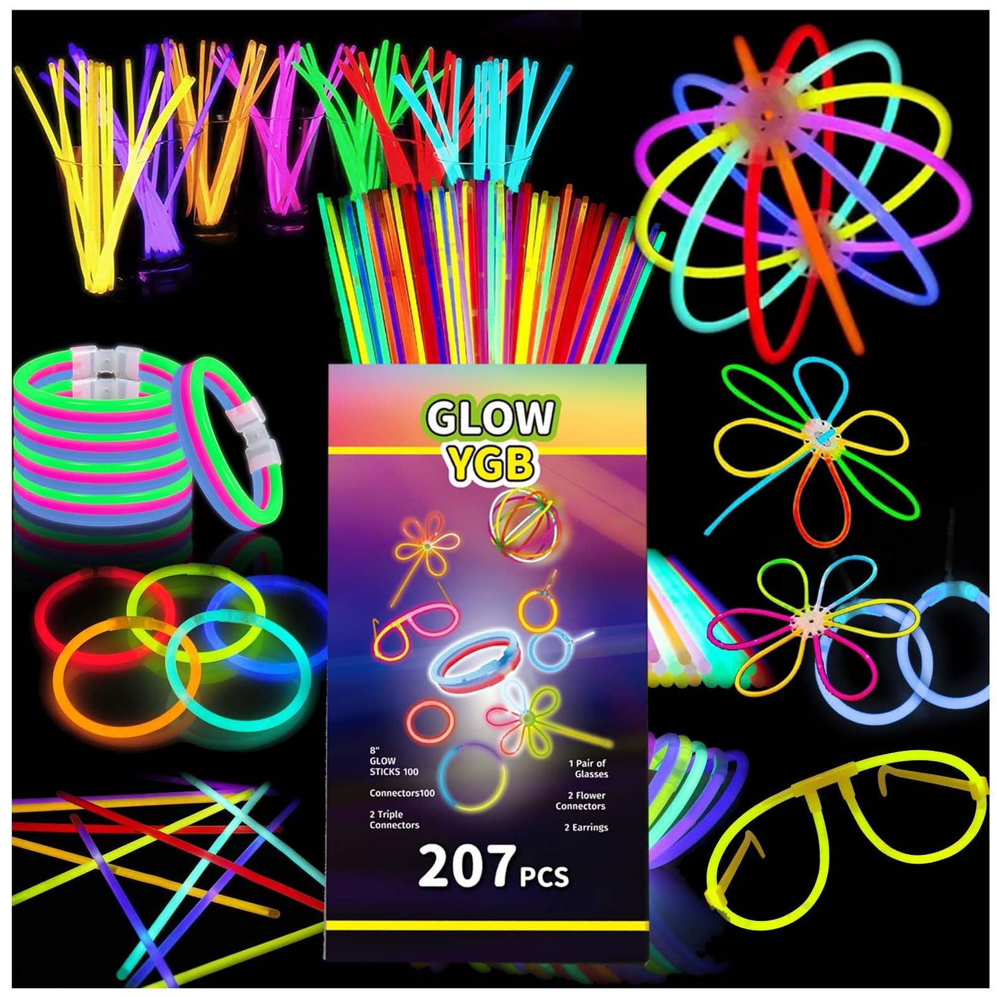 GLOW YGB 207 Glow Sticks Bulk Party Pack — 8” Glow Sticks with Bracelets & Connectors for Halloween & Camping