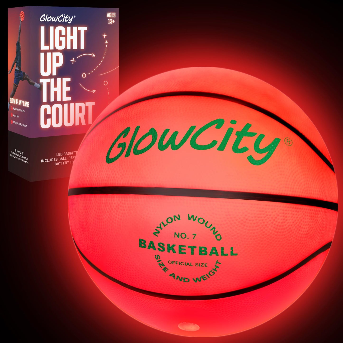 GlowCity Glow in The Dark Basketball - Size 7 Light Up Outdoor Ball | Red Night Glow for Teens & Adults
