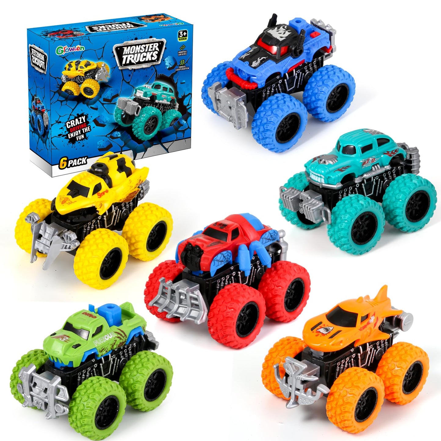 Gloween Monster Truck Toys – 6-Pack Friction-Powered Push & Go Cars