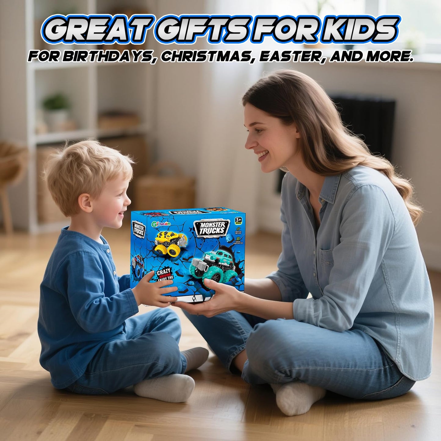 Gloween Monster Truck Toys – 6-Pack Friction-Powered Push & Go Cars