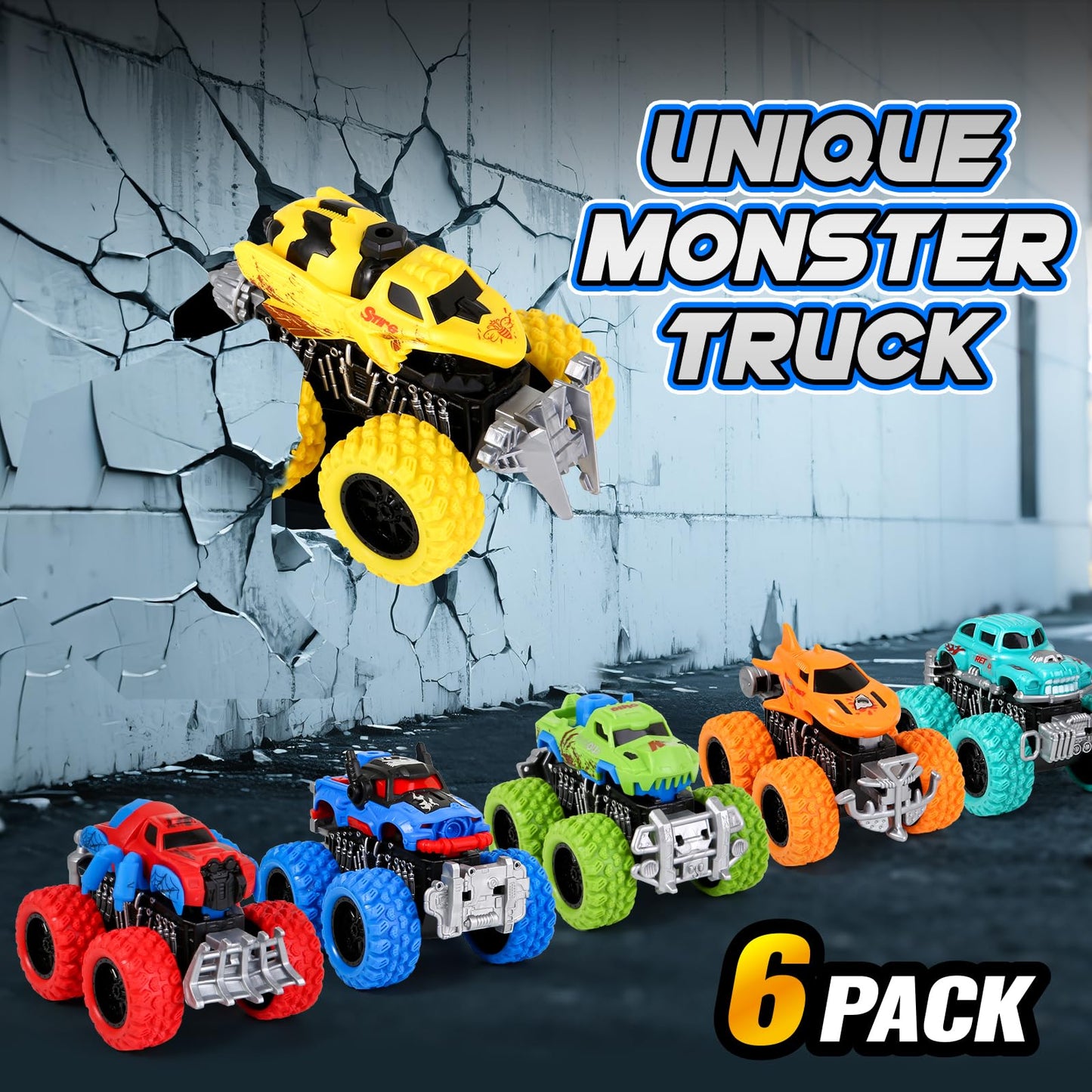 Gloween Monster Truck Toys – 6-Pack Friction-Powered Push & Go Cars