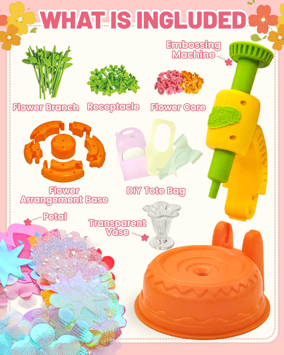 Glowsprout DIY Art Flower Toys – Extra Accessories Set for Kids 4–10 (Orange)