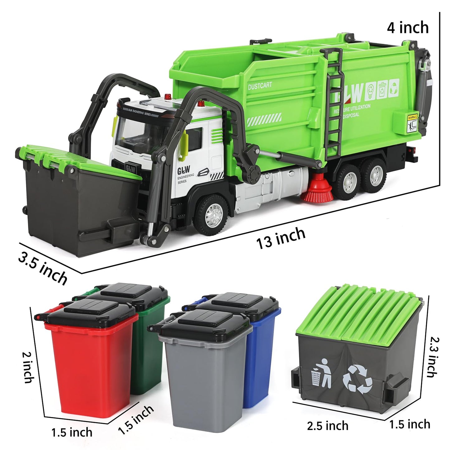 GLW Toddlers Garbage Truck Toy Set – Inertia-Driven Front Dumper & Color-Coded Sorting Bins