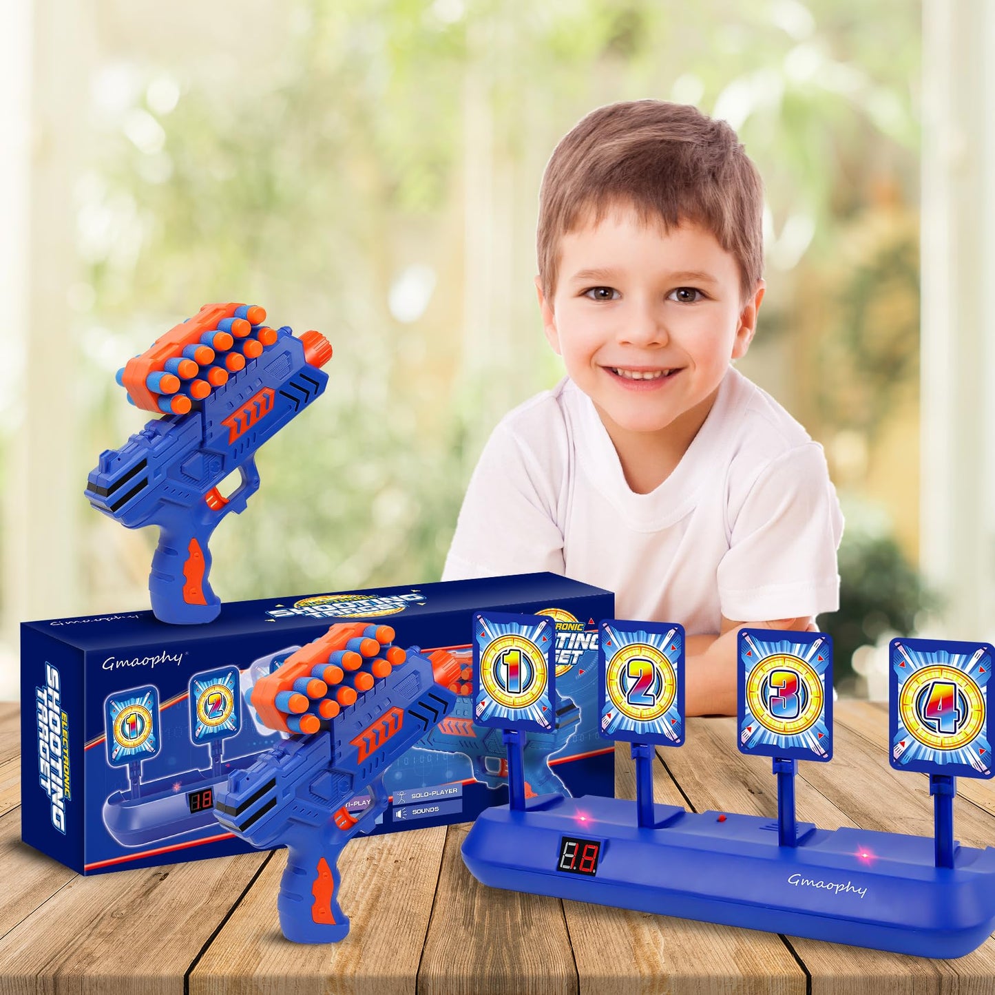 GMAOPHY Digital Shooting Targets with 2 Foam Dart Toy Blaster – 4-Target Auto-Reset Scoring Game for Kids