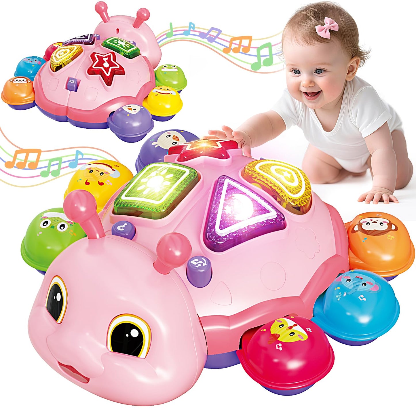 GMAOPHY Baby Crawling Toy – Pink Ladybug, 6-12 Months, Music, Lights, Bilingual Learning