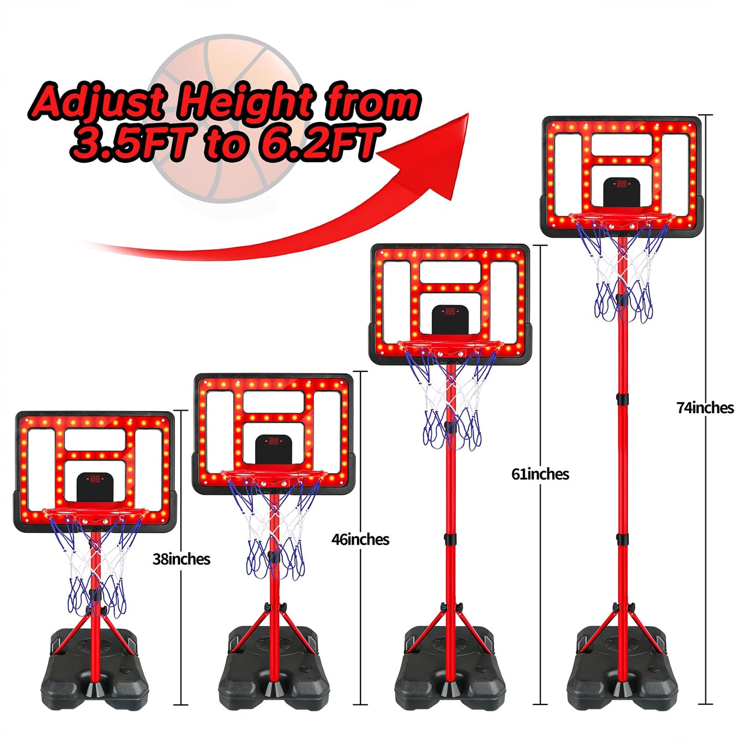 GMAOPHY Kids Basketball Hoop — Adjustable 3.5–6.2 ft with LED Scoreboard (Indoor/Outdoor)