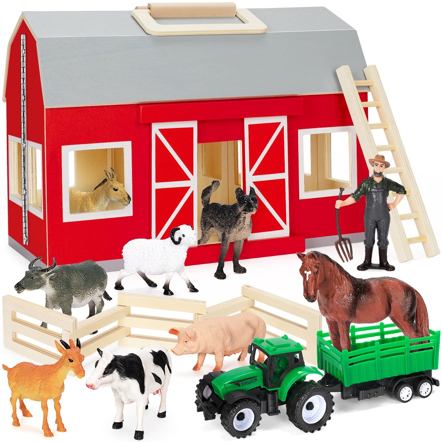 GMAOPHY Farm Animals Wooden Barn Playset – Educational Toy for Kids 3+