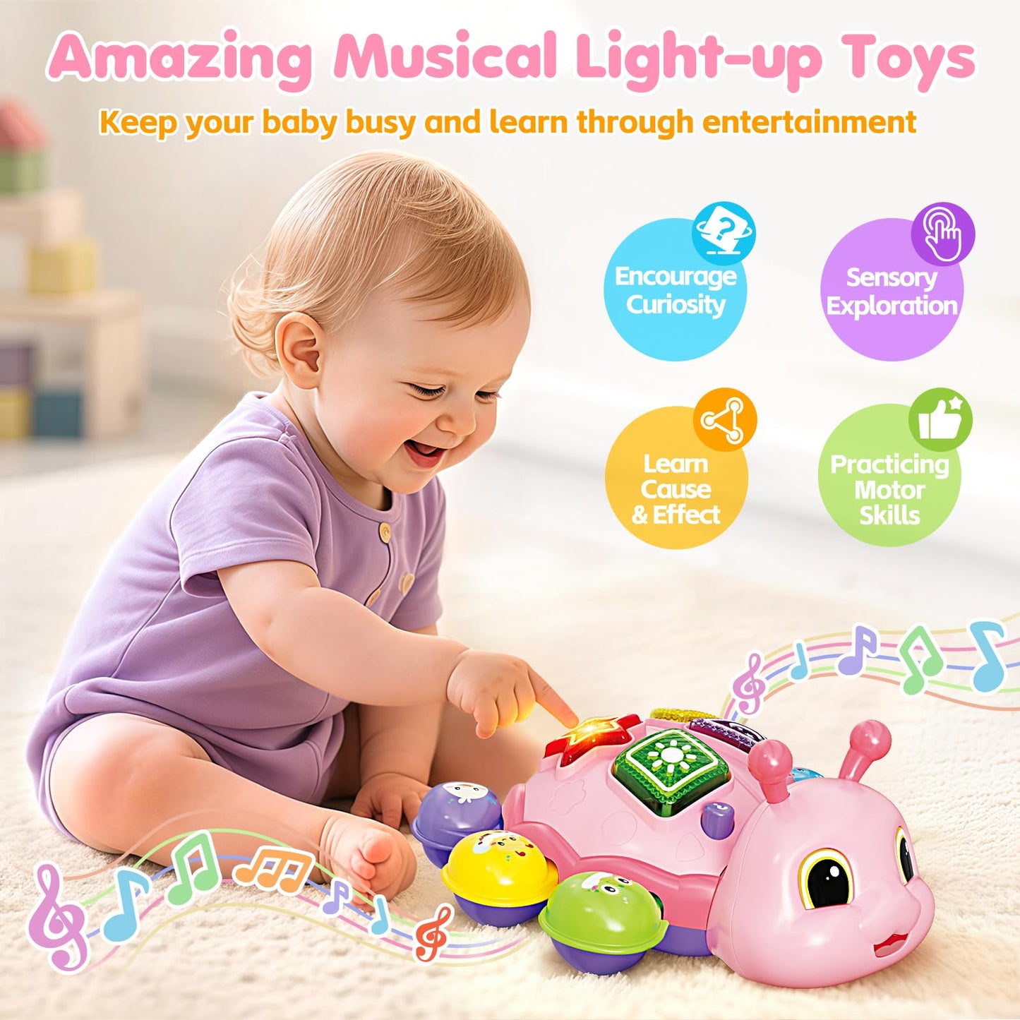 GMAOPHY Baby Crawling Toy – Pink Ladybug, 6-12 Months, Music, Lights, Bilingual Learning