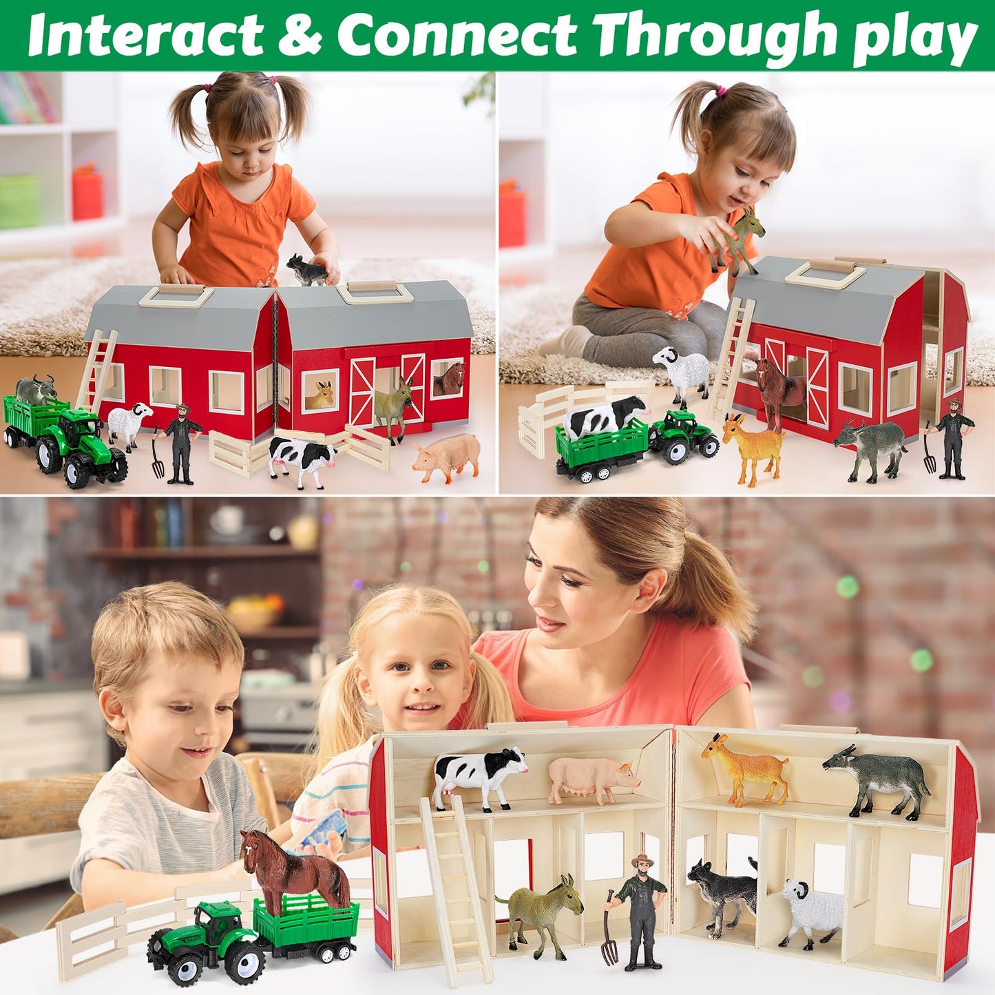 GMAOPHY Farm Animals Wooden Barn Playset – Educational Toy for Kids 3+