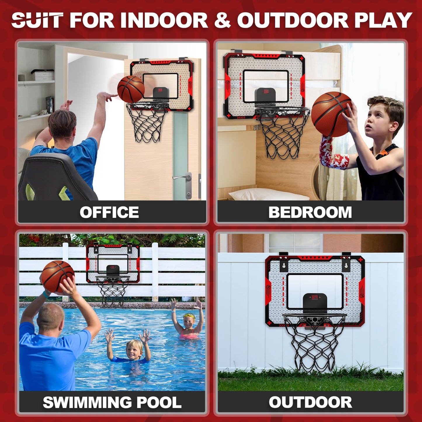 GMAOPHY Basketball Hoop Indoor with Electronic Scoreboard – Door-Mount Mini Hoop for Kids 5-10+