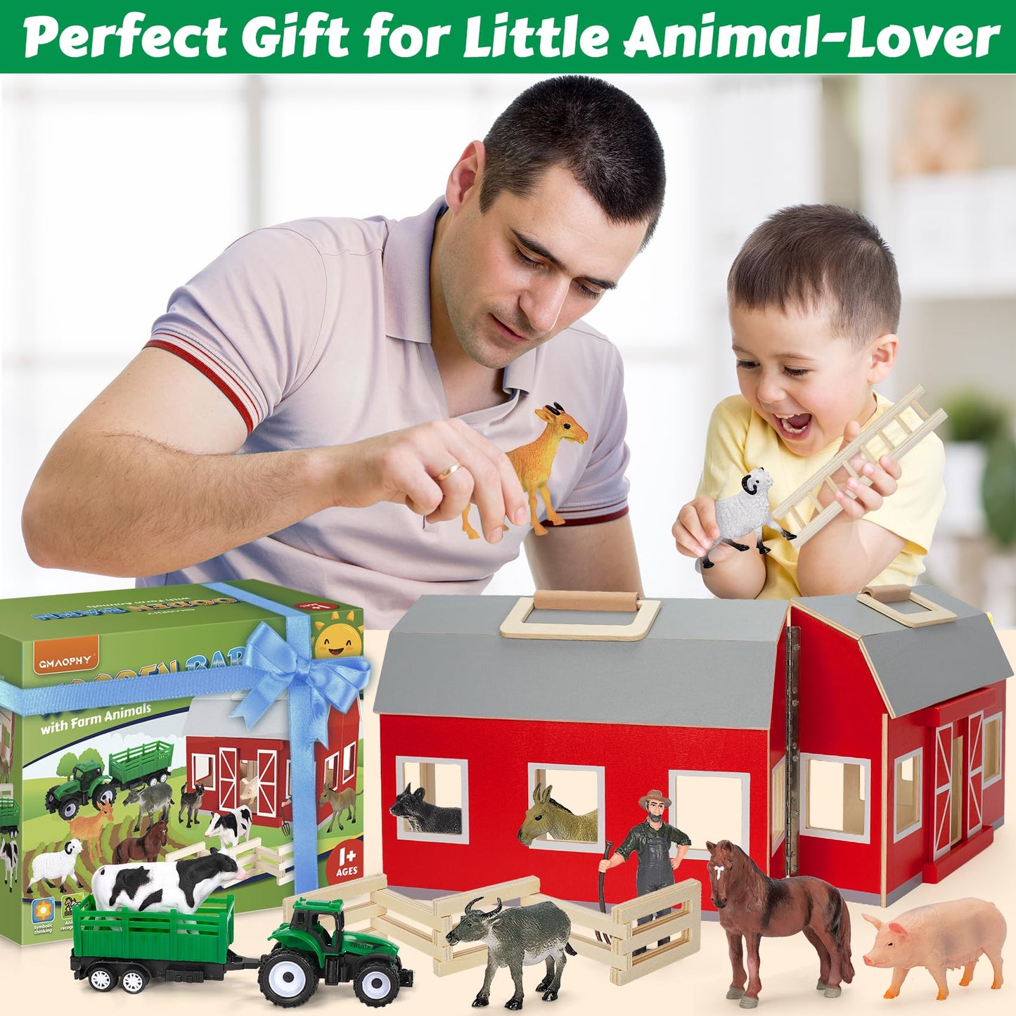 GMAOPHY Farm Animals Wooden Barn Playset – Educational Toy for Kids 3+