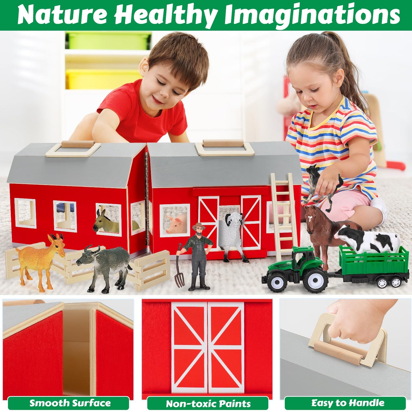 GMAOPHY Farm Animals Wooden Barn Playset – Educational Toy for Kids 3+