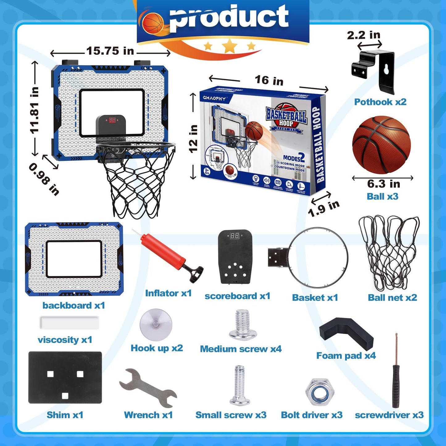 GMAOPHY Basketball Hoop Indoor with Electronic Scoreboard – Over-Door Mini Kit for Kids