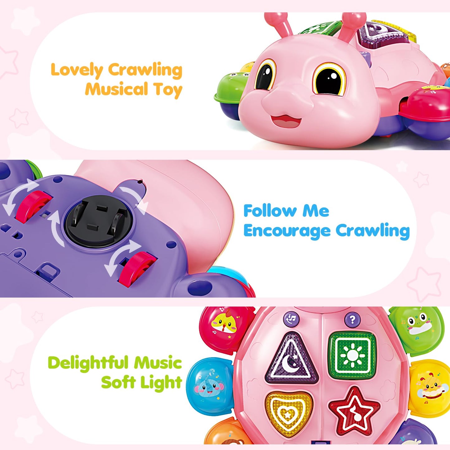 GMAOPHY Baby Crawling Toy – Pink Ladybug, 6-12 Months, Music, Lights, Bilingual Learning