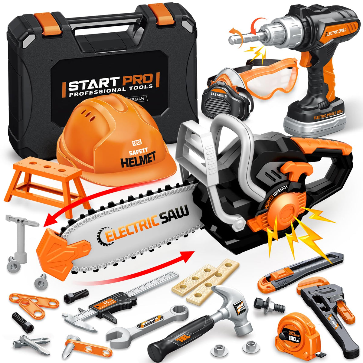 GMAOPHY 48-Piece Kids Tool Set with Portable Box | 2-in-1 Drill & Chainsaw Toy for Toddlers