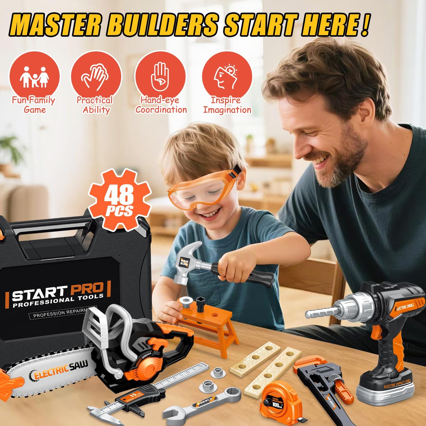 GMAOPHY 48-Piece Kids Tool Set with Portable Box | 2-in-1 Drill & Chainsaw Toy for Toddlers
