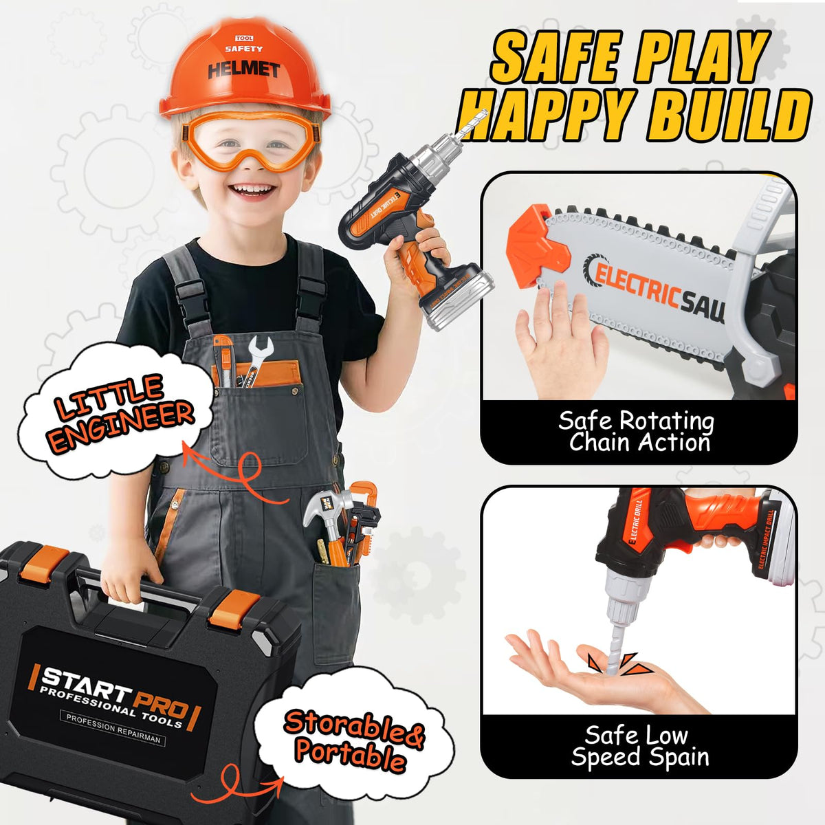 GMAOPHY 48-Piece Kids Tool Set with Portable Box | 2-in-1 Drill & Chainsaw Toy for Toddlers