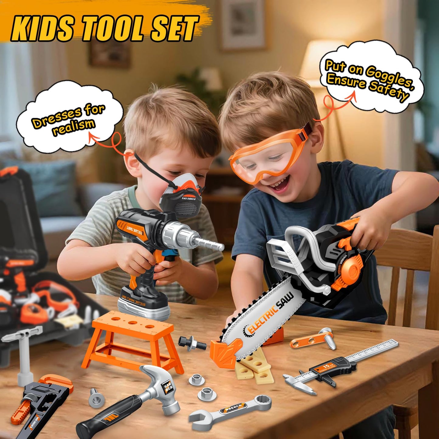 GMAOPHY 48-Piece Kids Tool Set with Portable Box | 2-in-1 Drill & Chainsaw Toy for Toddlers