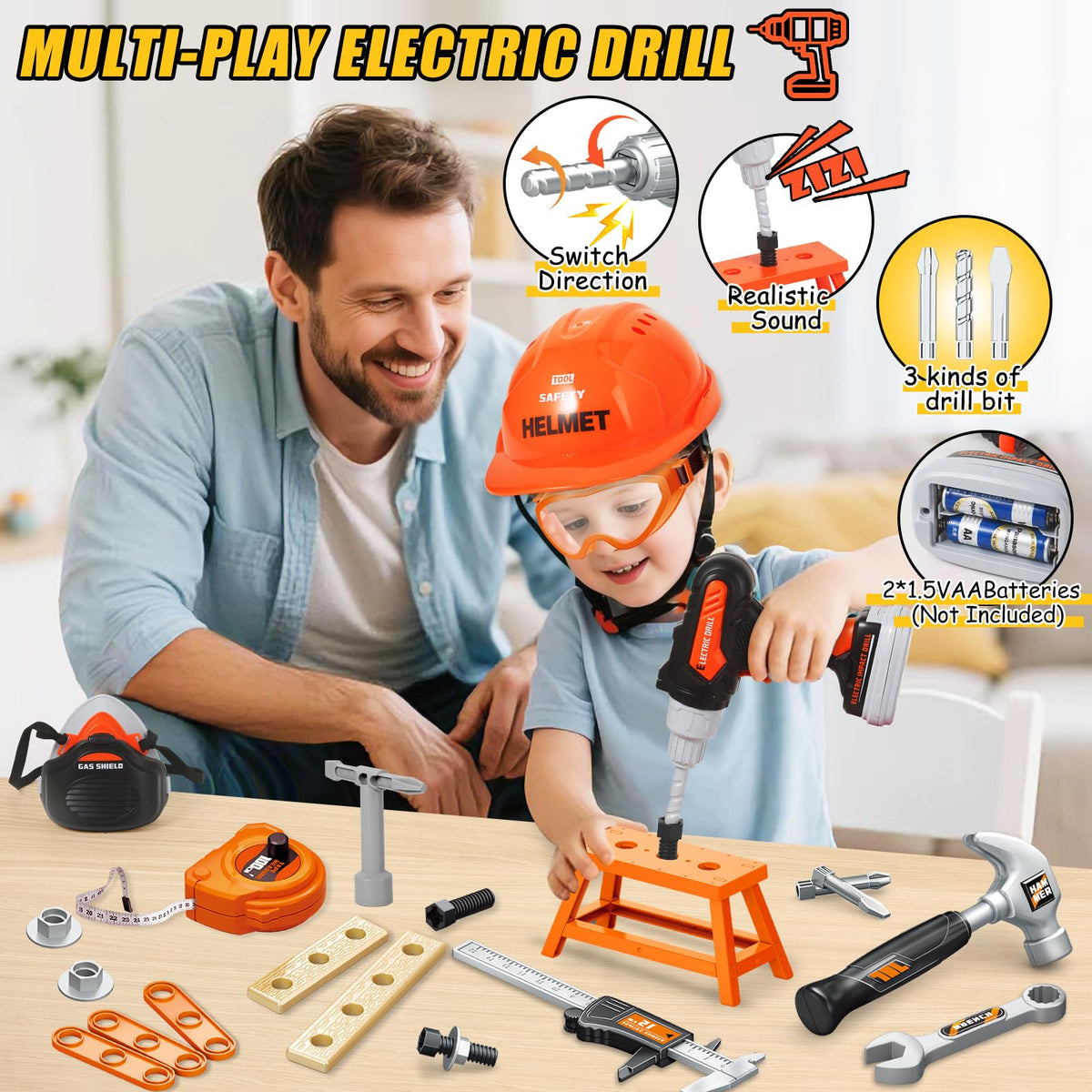 GMAOPHY 48-Piece Kids Tool Set with Portable Box | 2-in-1 Drill & Chainsaw Toy for Toddlers