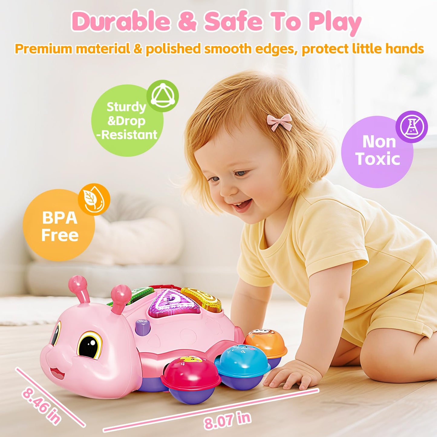 GMAOPHY Baby Crawling Toy – Pink Ladybug, 6-12 Months, Music, Lights, Bilingual Learning