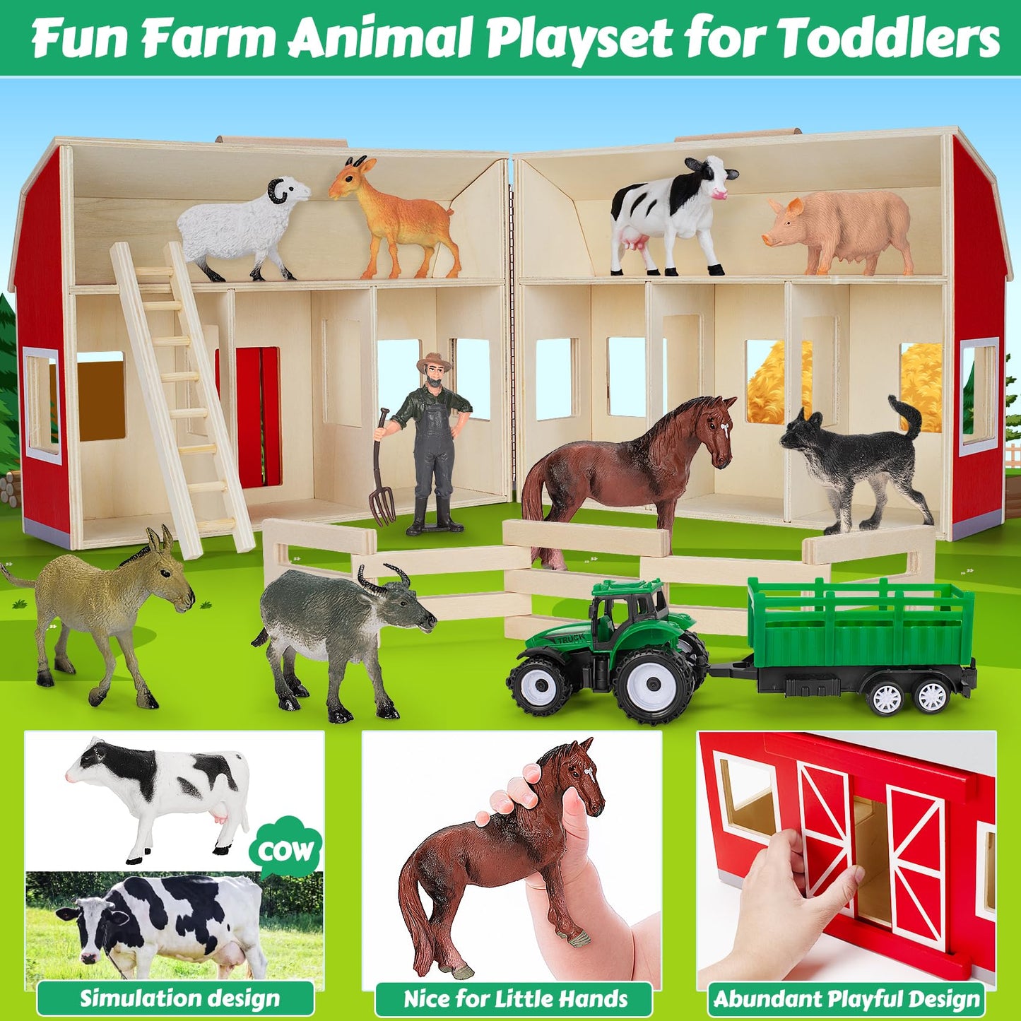 GMAOPHY Farm Animals Wooden Barn Playset – Educational Toy for Kids 3+