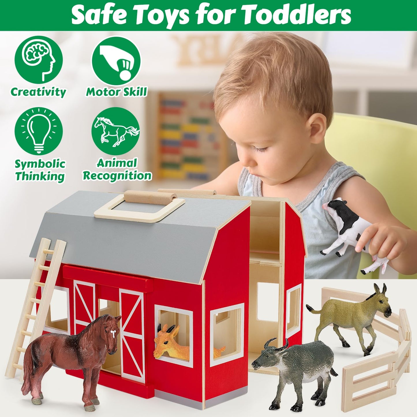 GMAOPHY Farm Animals Wooden Barn Playset – Educational Toy for Kids 3+