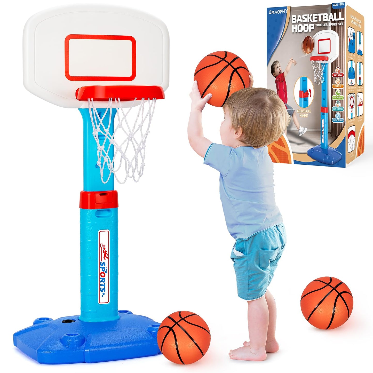 GMAOPHY Toddler Basketball Hoop – Adjustable Indoor/Outdoor Mini Hoop with 3 Soft Balls (Ages 1-3)