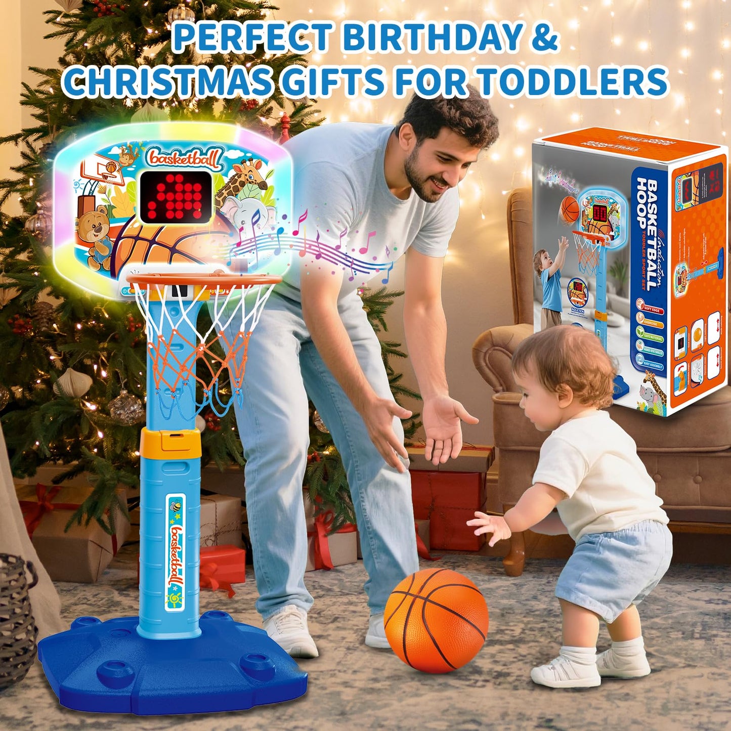 GMAOPHY Toddler Indoor Basketball Hoop – Adjustable 29.5-41.3 in, Lights & Sounds