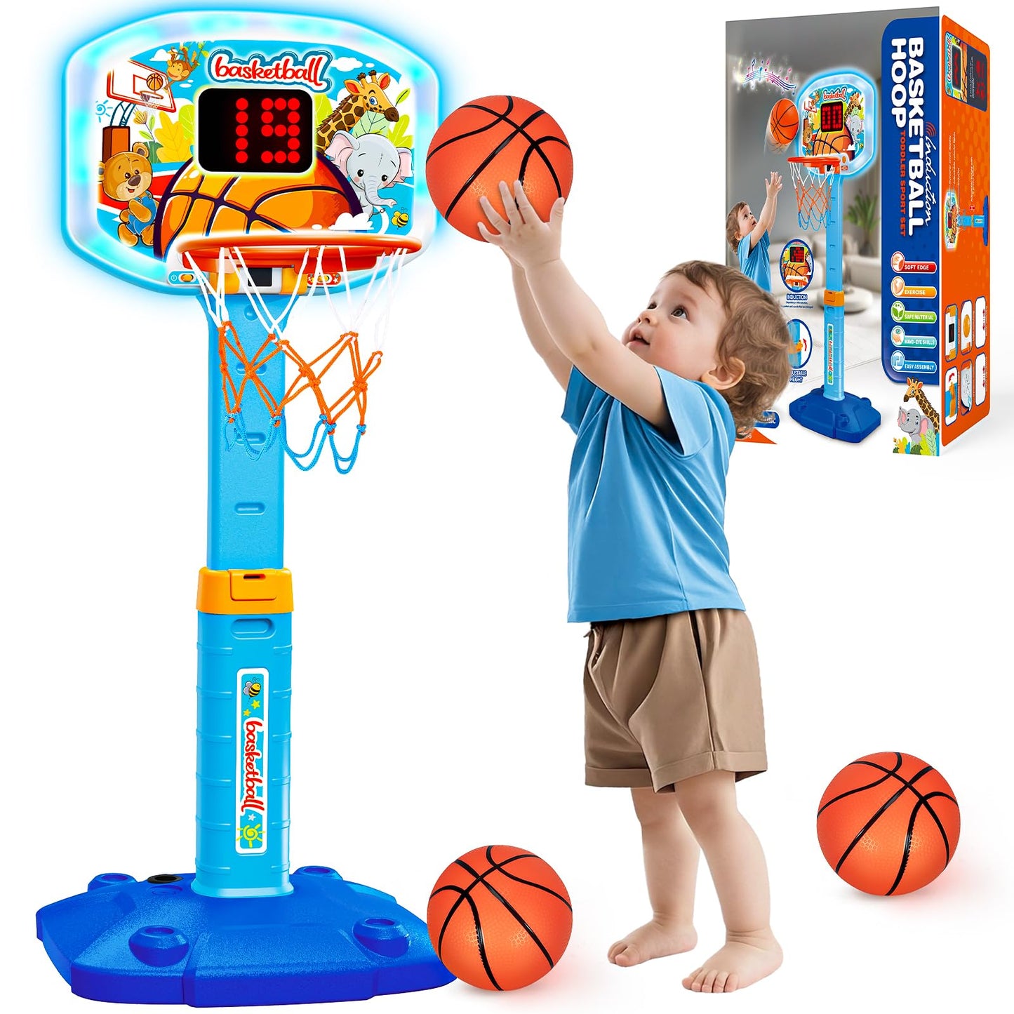 GMAOPHY Toddler Indoor Basketball Hoop – Adjustable 29.5-41.3 in, Lights & Sounds
