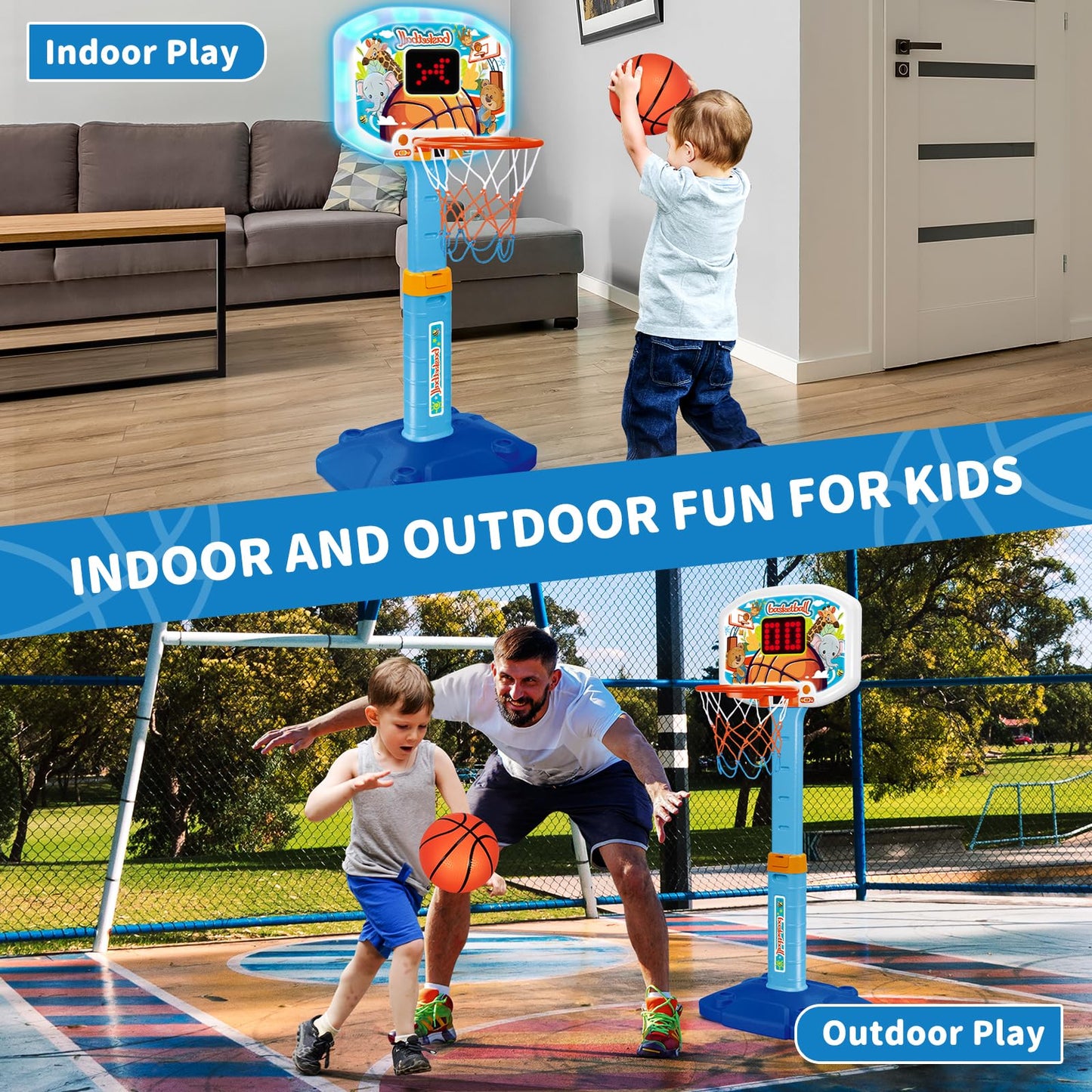 GMAOPHY Toddler Indoor Basketball Hoop – Adjustable 29.5-41.3 in, Lights & Sounds