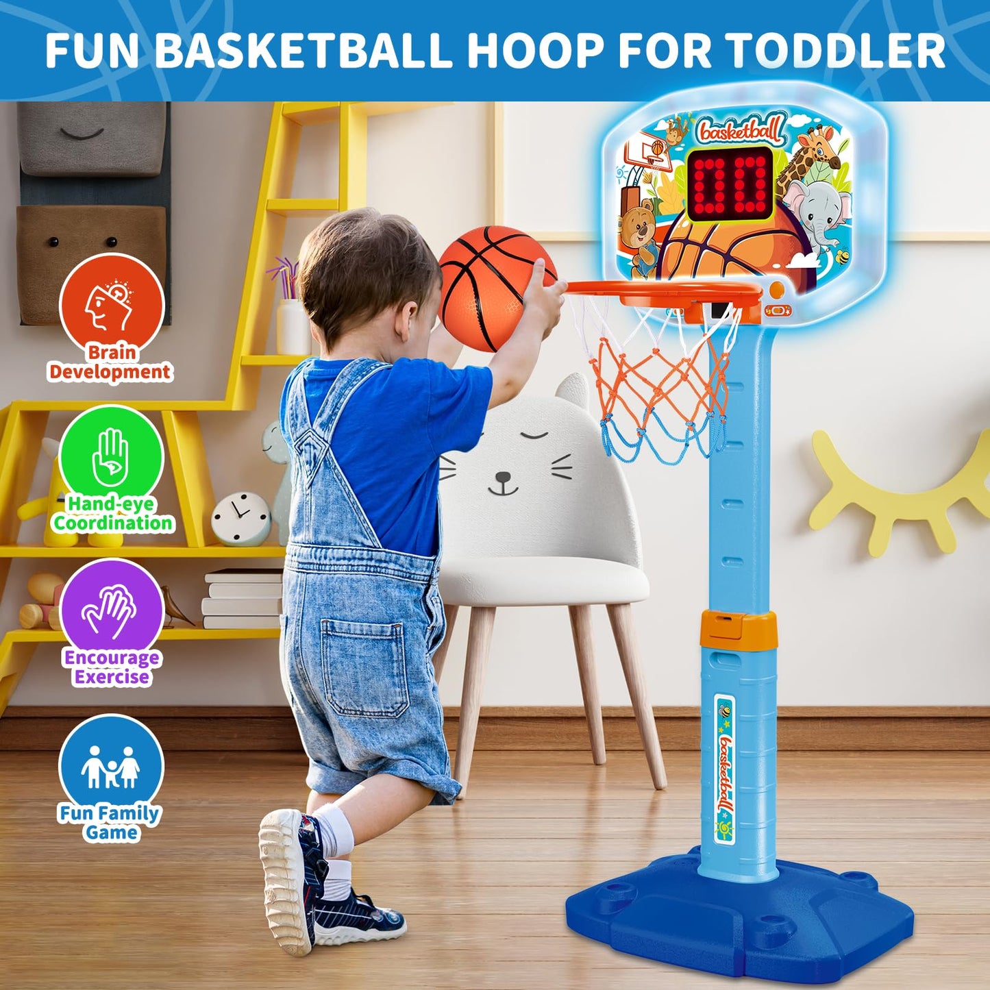 GMAOPHY Toddler Indoor Basketball Hoop – Adjustable 29.5-41.3 in, Lights & Sounds