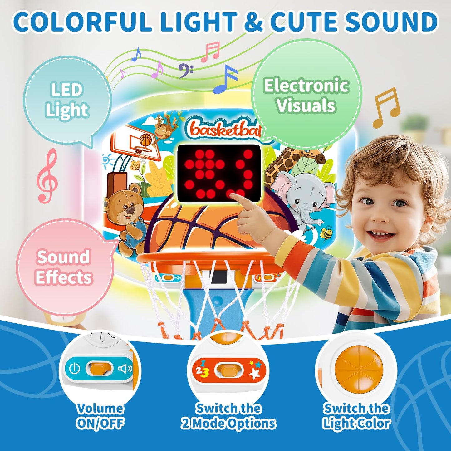 GMAOPHY Toddler Indoor Basketball Hoop – Adjustable 29.5-41.3 in, Lights & Sounds