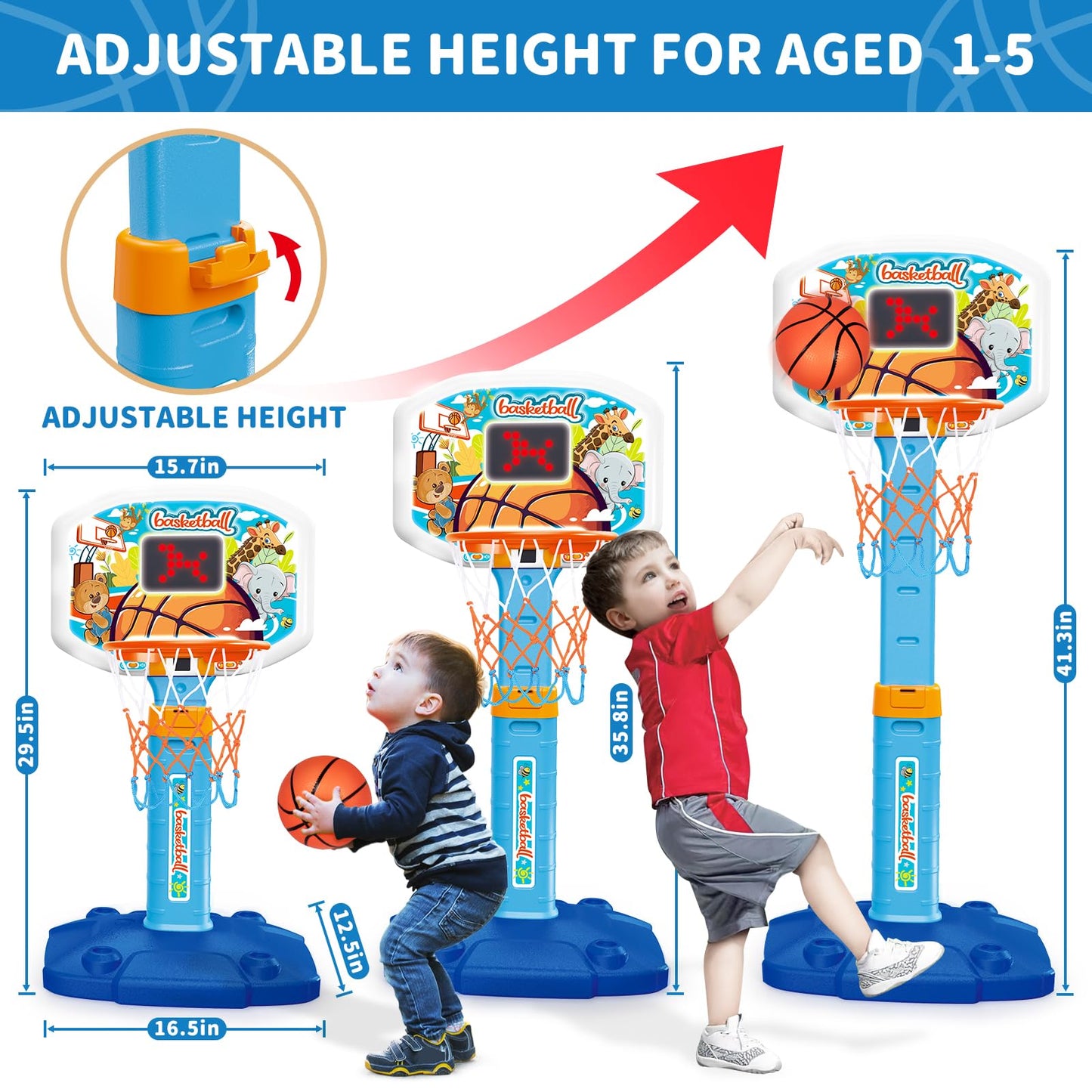 GMAOPHY Toddler Indoor Basketball Hoop – Adjustable 29.5-41.3 in, Lights & Sounds