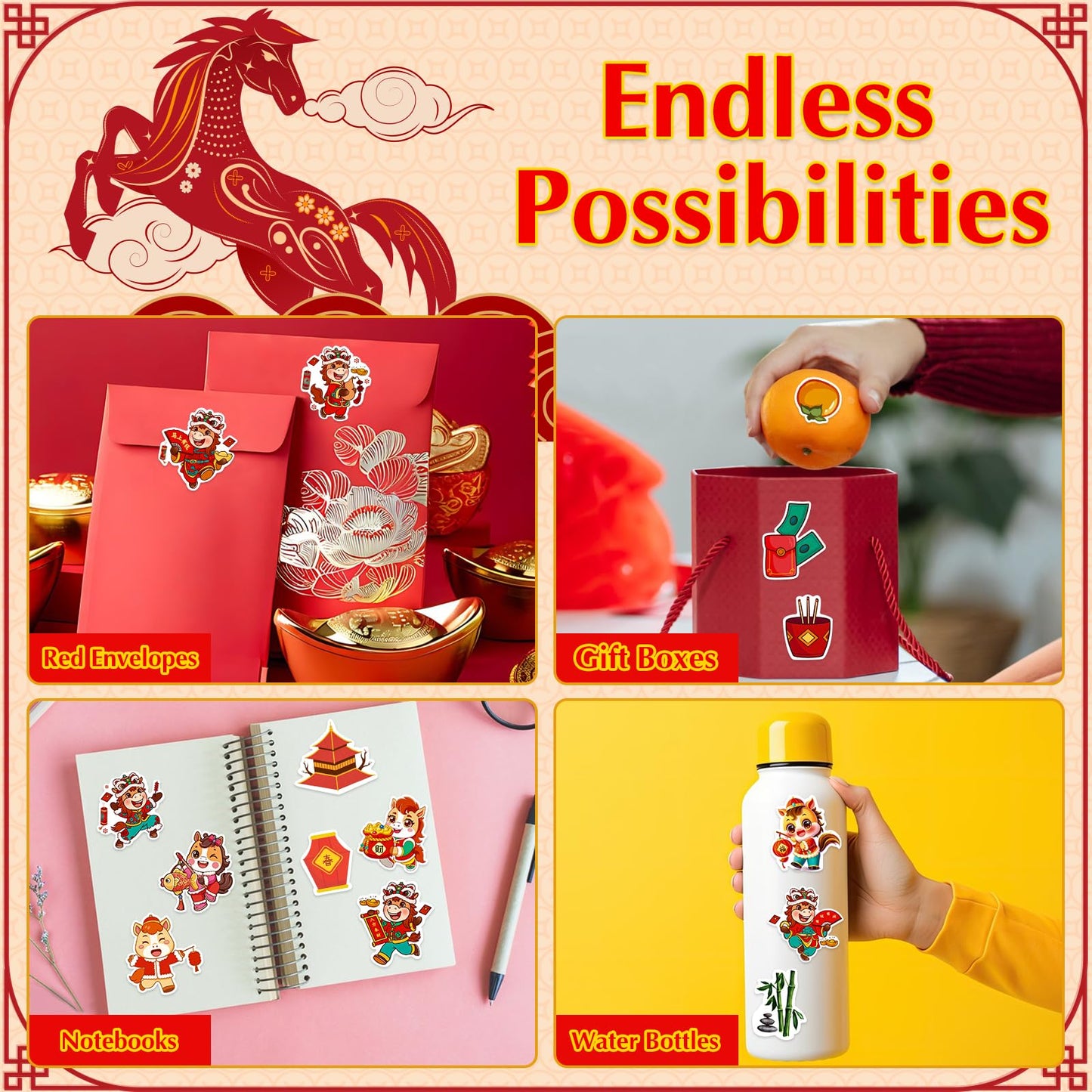GMEMNOV 58PCS Chinese New Year Stickers 2026 – Year of The Horse Decals for Lunar New Year Party Favors