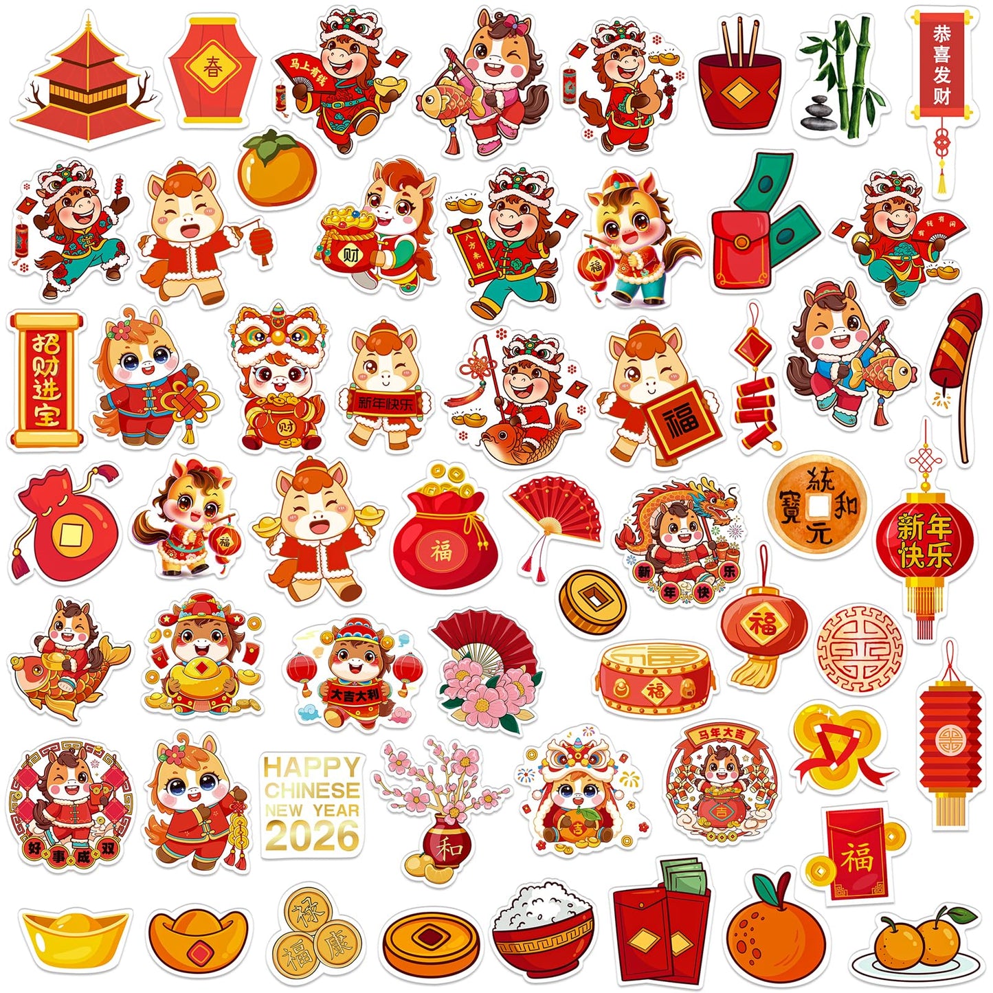 GMEMNOV 58PCS Chinese New Year Stickers 2026 – Year of The Horse Decals for Lunar New Year Party Favors