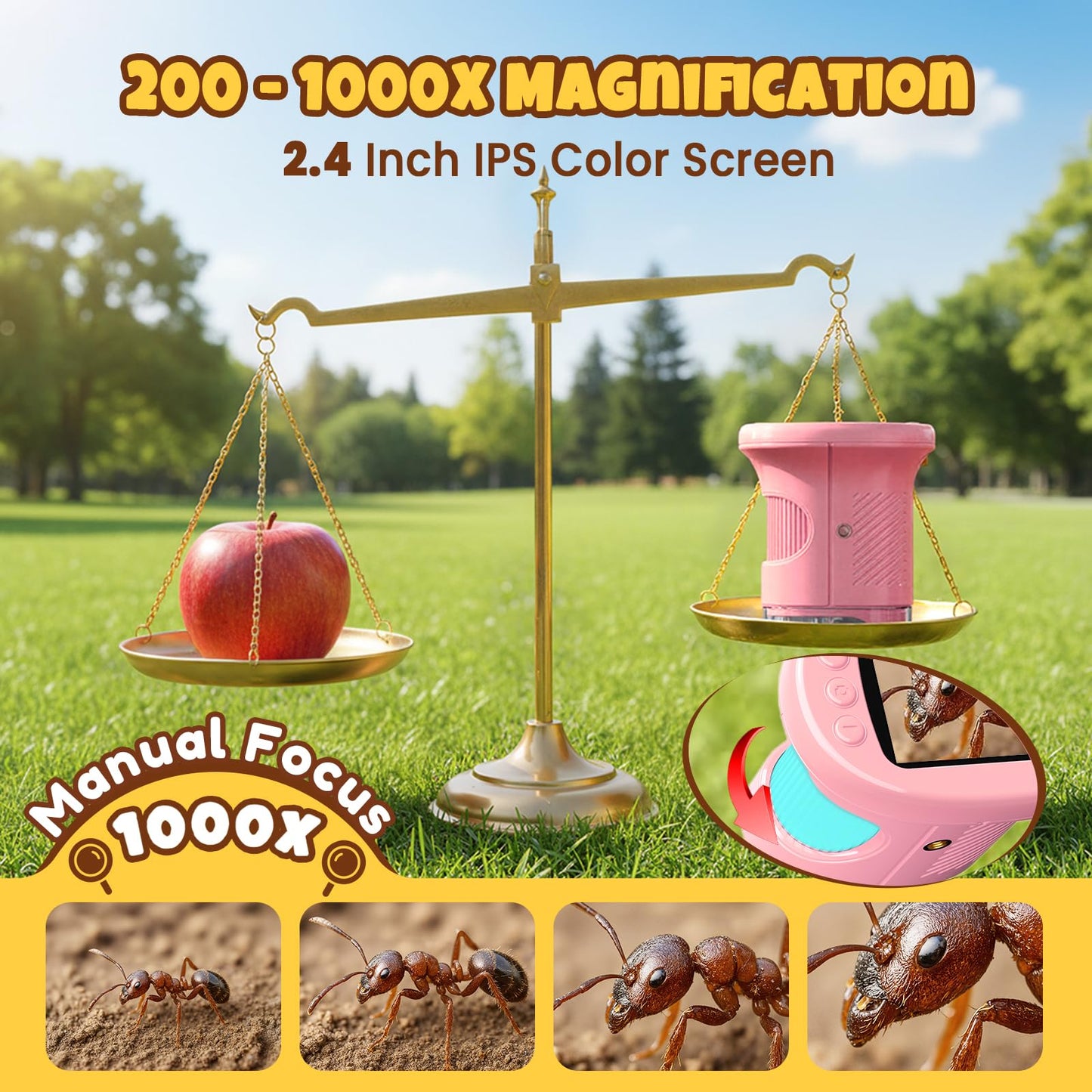 GMYGBY Handheld Digital Mini Microscope for Kids – 1000X, 2.4-inch IPS Screen, Portable STEM Toy