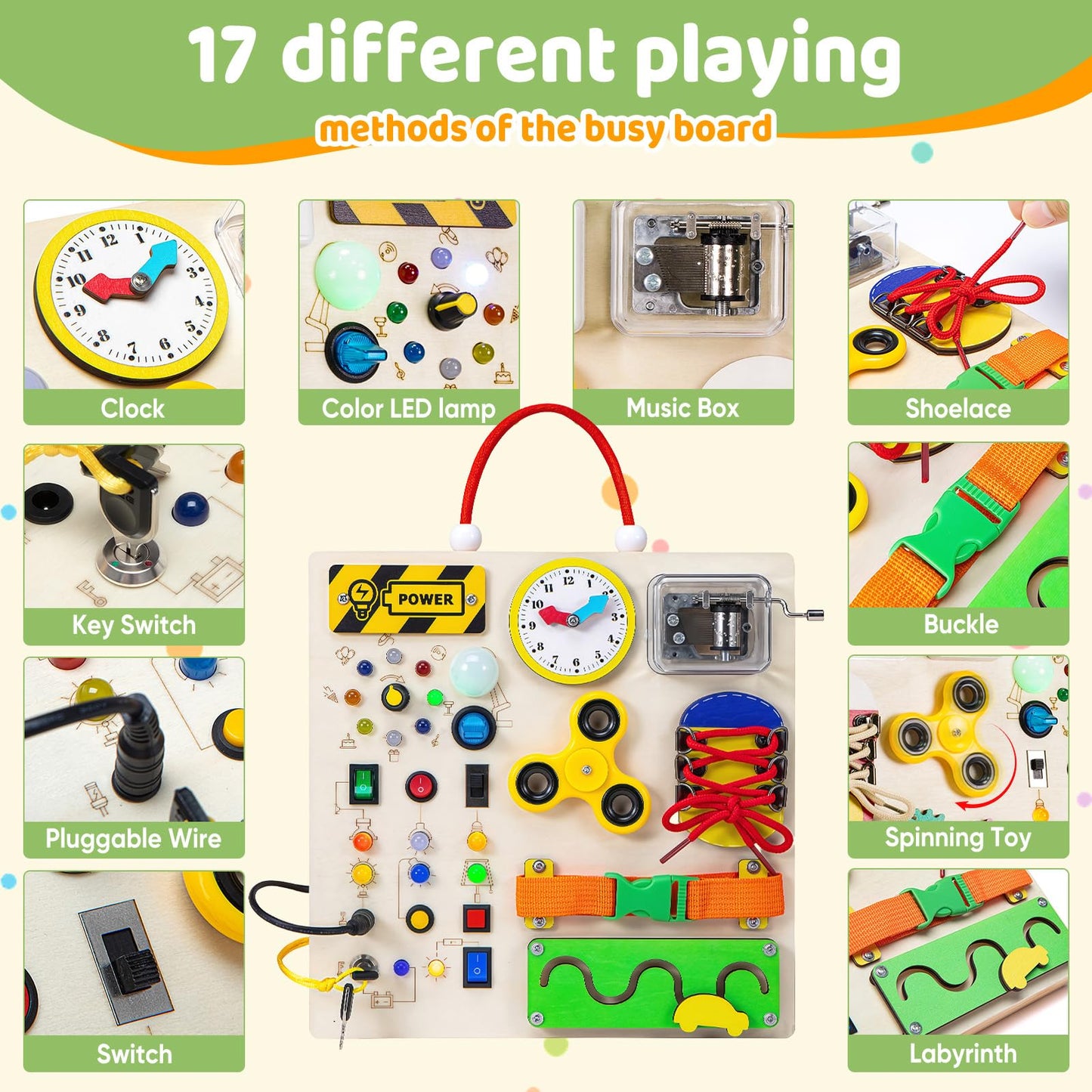 GNAYUIJ Busy Board – Montessori Wooden Sensory Toy for Toddlers with LED Switches & Music Boxes