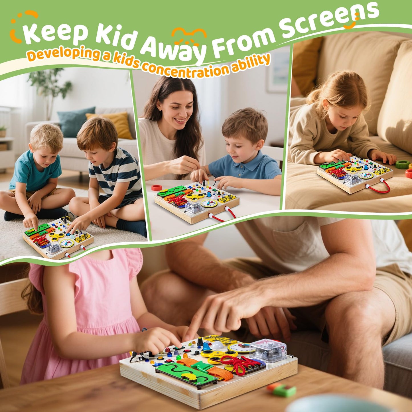 GNAYUIJ Busy Board – Montessori Wooden Sensory Toy for Toddlers with LED Switches & Music Boxes