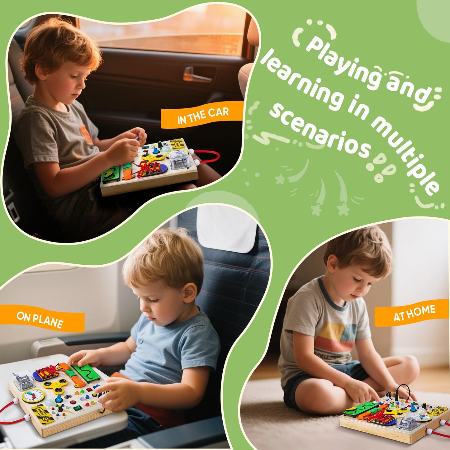 GNAYUIJ Busy Board – Montessori Wooden Sensory Toy for Toddlers with LED Switches & Music Boxes