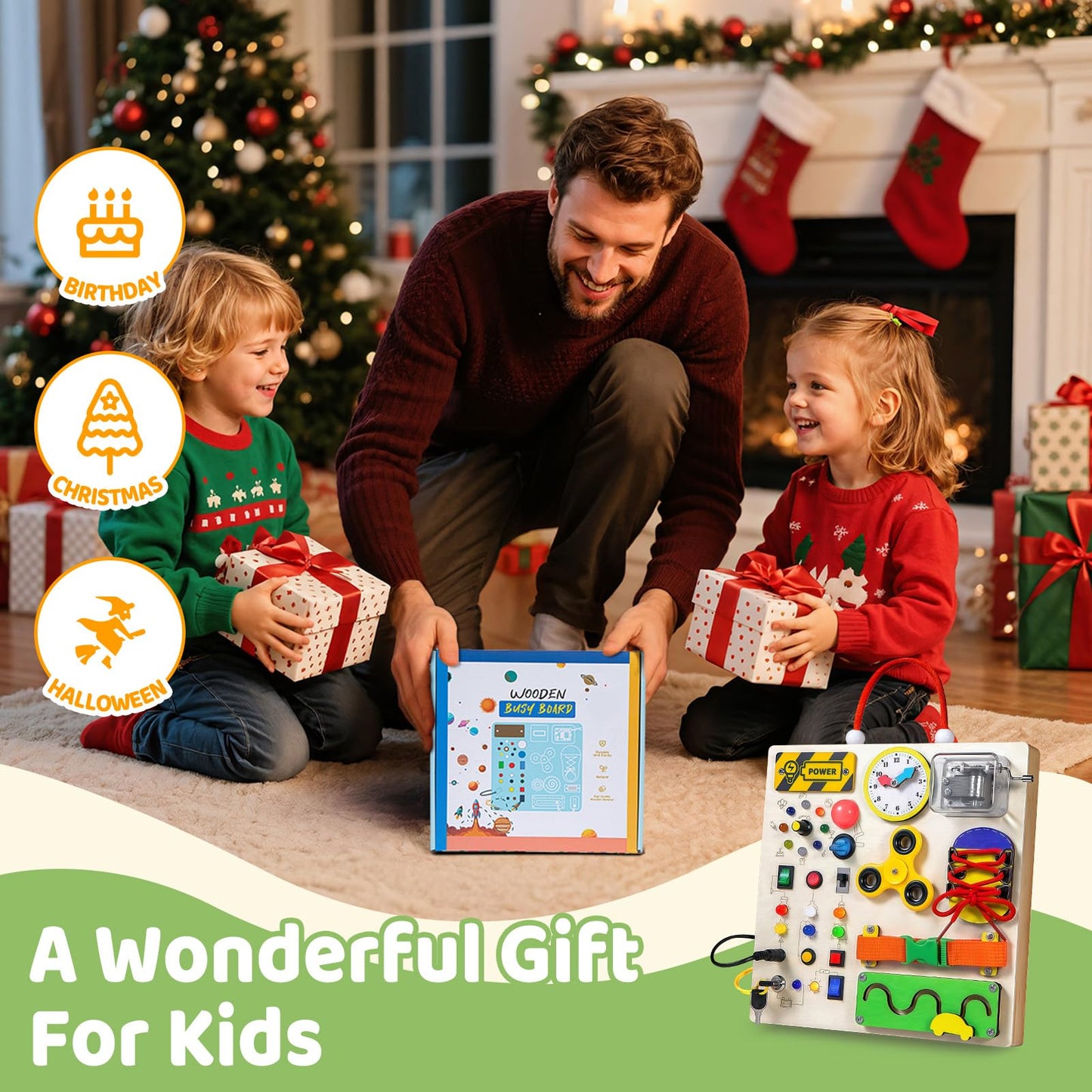 GNAYUIJ Busy Board – Montessori Wooden Sensory Toy for Toddlers with LED Switches & Music Boxes