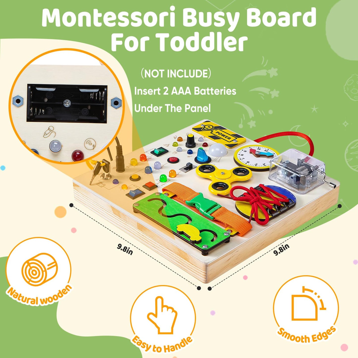 GNAYUIJ Busy Board – Montessori Wooden Sensory Toy for Toddlers with LED Switches & Music Boxes