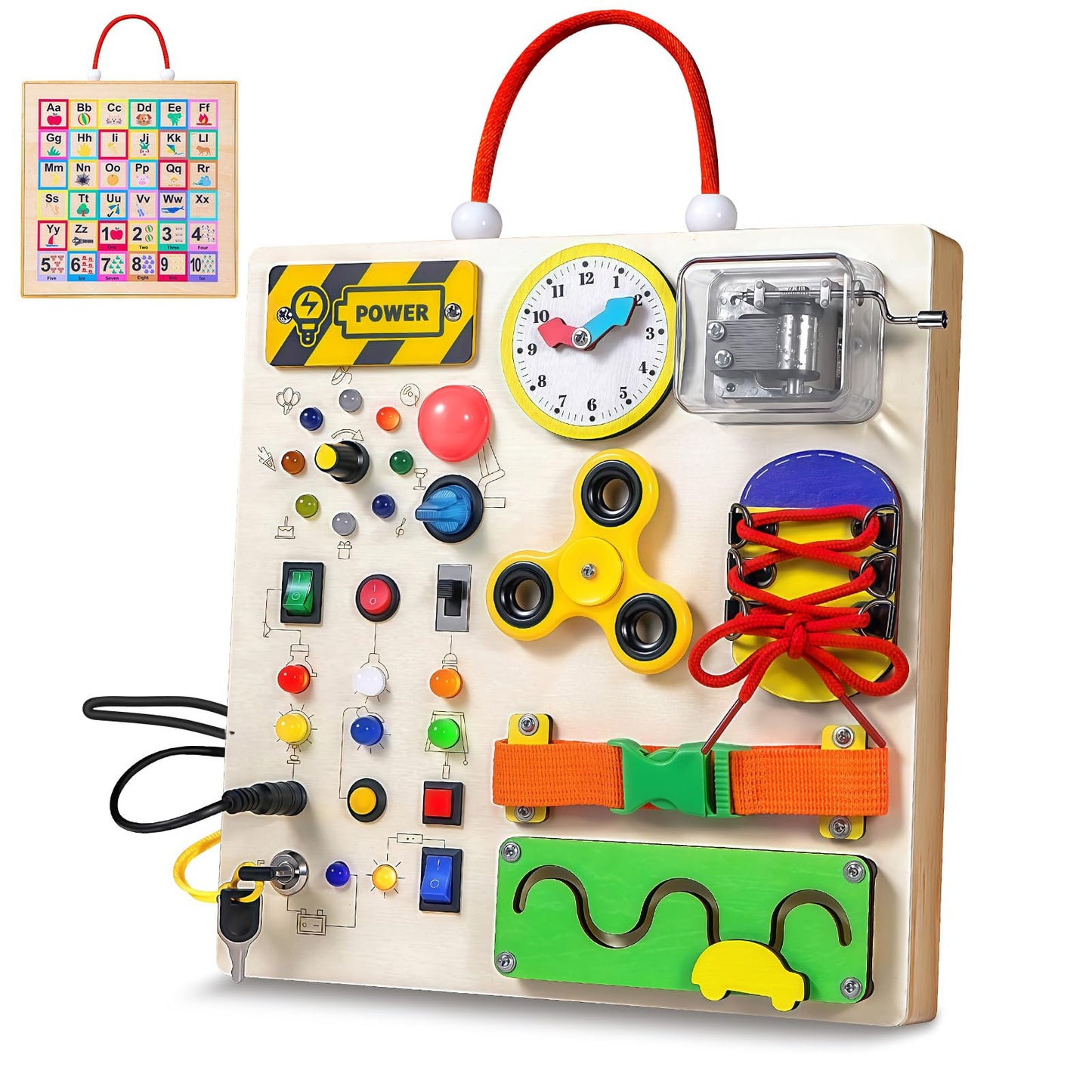GNAYUIJ Busy Board – Montessori Wooden Sensory Toy for Toddlers with LED Switches & Music Boxes